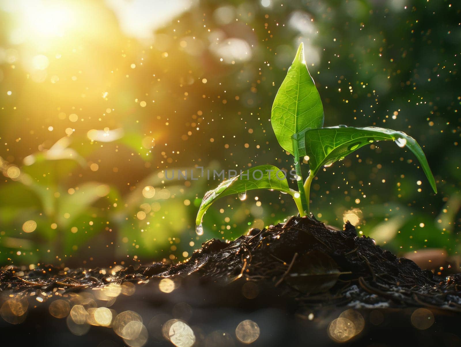 A small green plant is growing in the dirt at sunset while pouring. Concept of sustainability and save the planet by papatonic