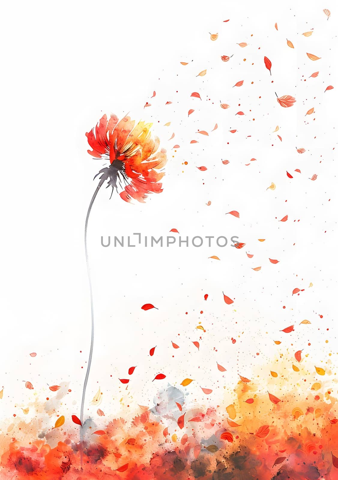 Watercolor painting of a red flower with falling petals in a natural landscape by Nadtochiy