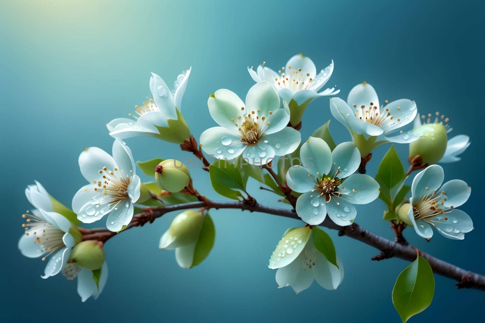 blooming white pear flowers on a blue background.