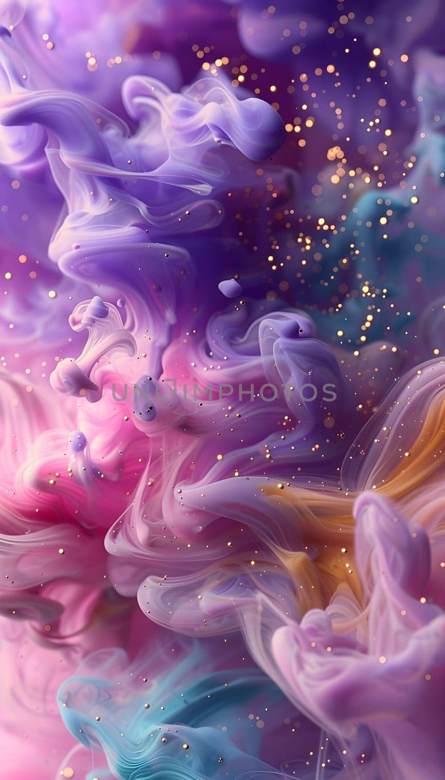 A closeup of swirling purple, pink, and electric blue smoke with shimmering gold sparkles, resembling a vibrant floral art piece with a magenta and violet petal pattern
