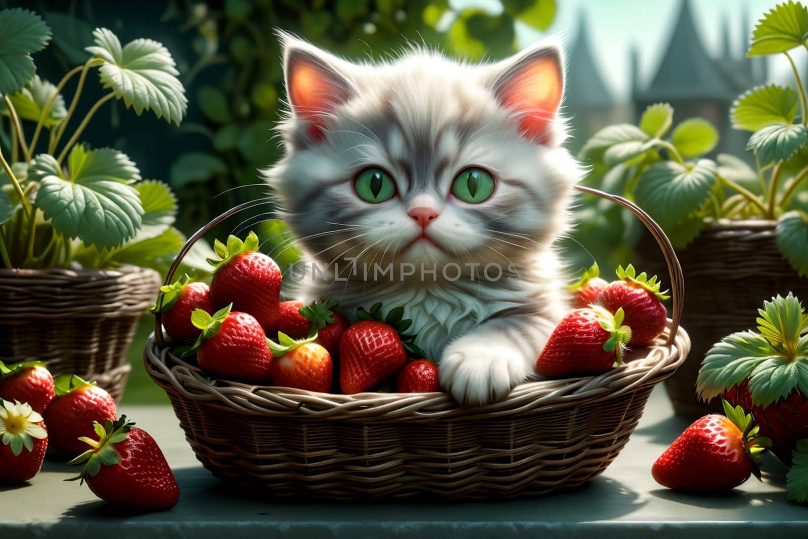 Ripe juicy red strawberries in a basket and a kitten .