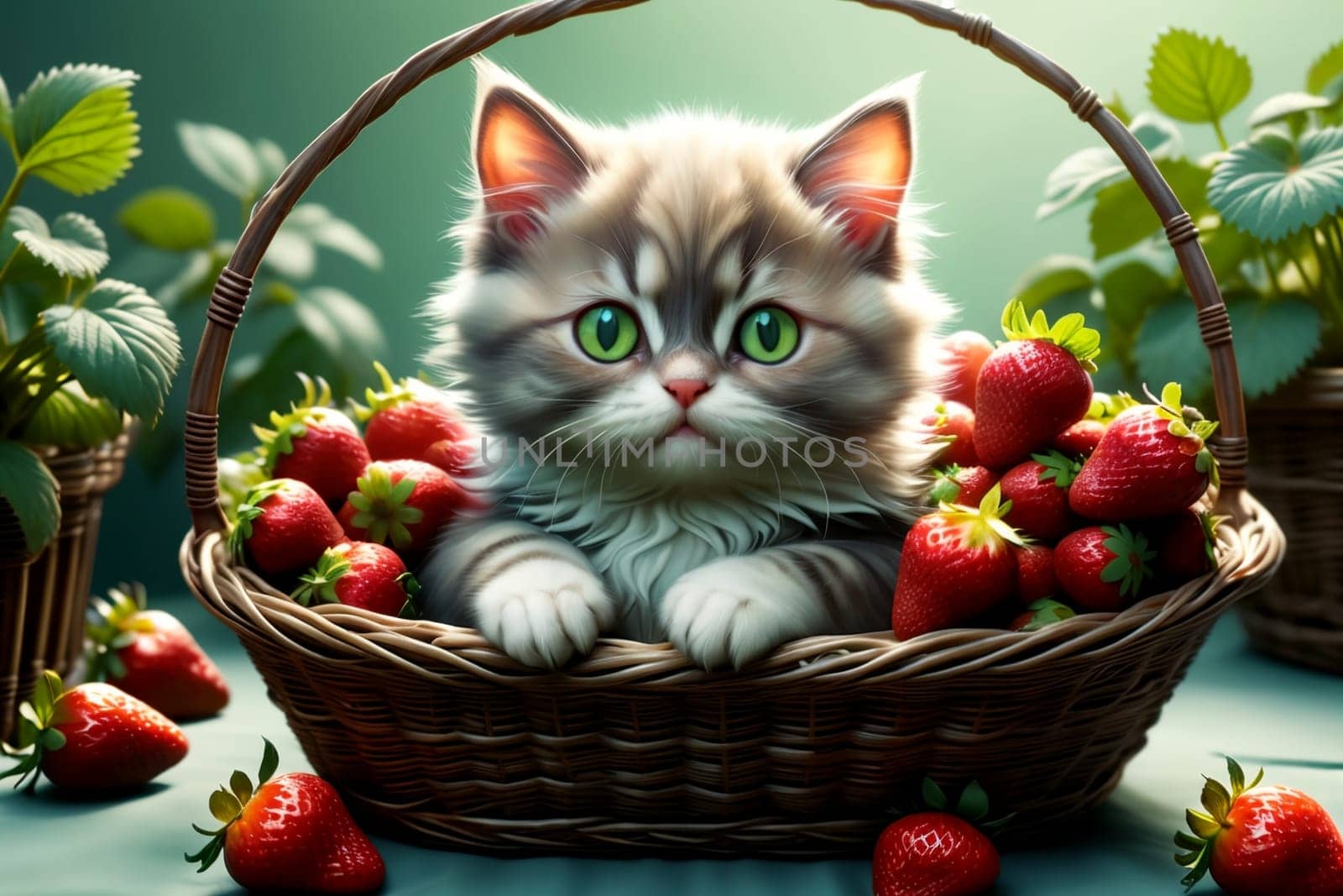 Ripe juicy red strawberries in a basket and a kitten .