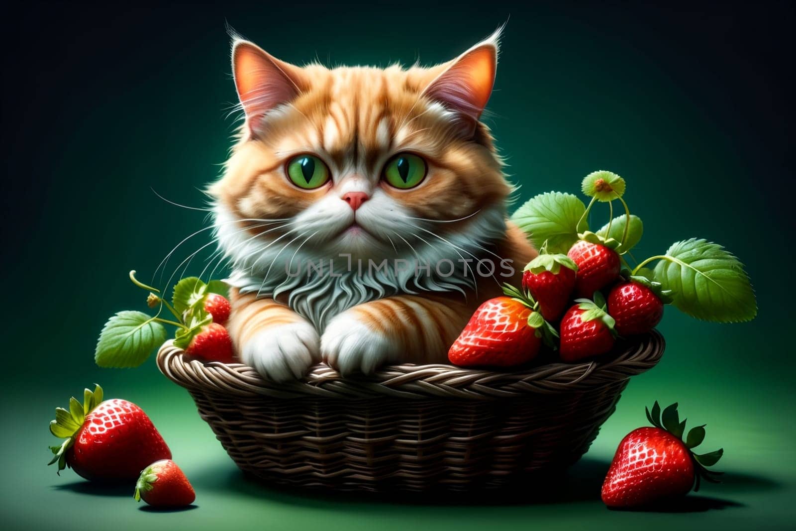 Ripe juicy red strawberries in a basket and a kitten .