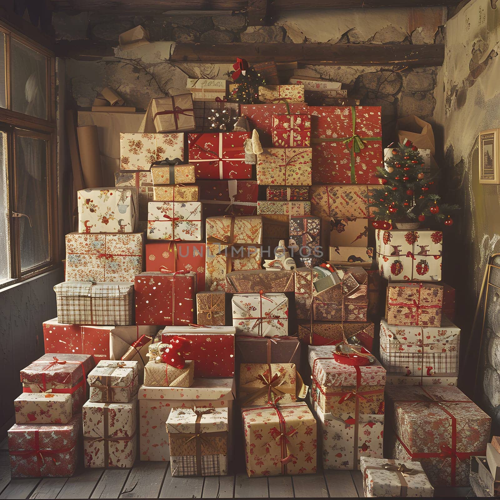 Tower of Christmas gifts stacked high, resembling a foodfilled city skyline by Nadtochiy