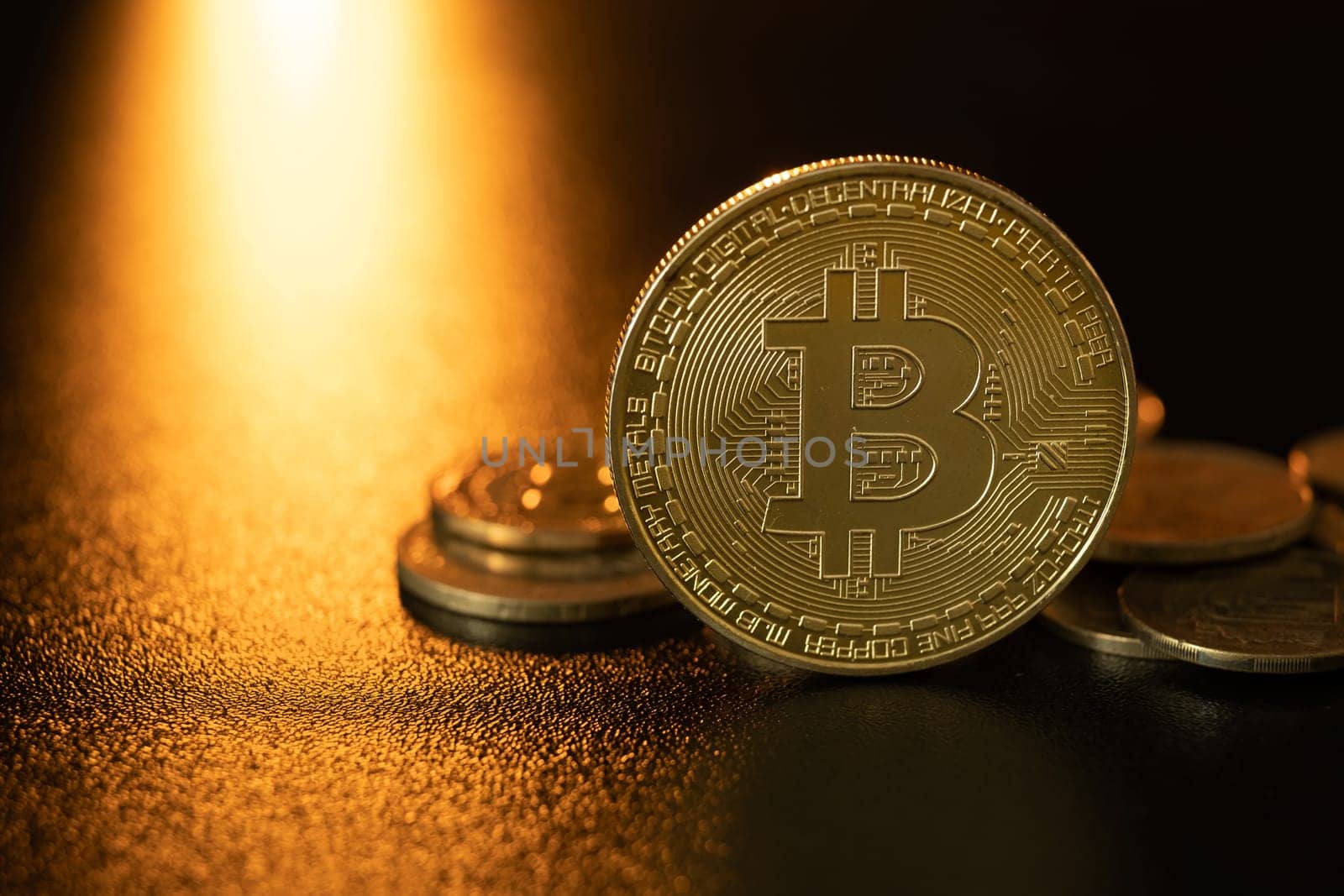 Bitcoin New Virtual money concept.Gold bitcoin isolated on black background for design. Golden coin with icon letter B reflect on black. Mining btc blockchain technology download