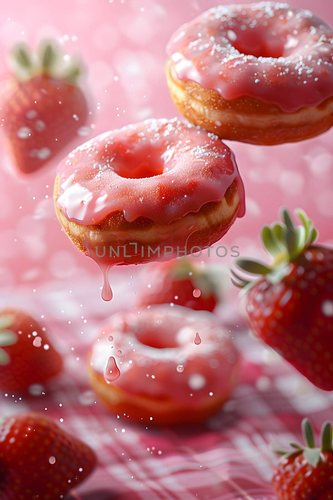 A colorful display of strawberries, donuts, and other fruits floating in the air against a pink backdrop. The mix of natural foods, berries, and sweet treats creates a vibrant image