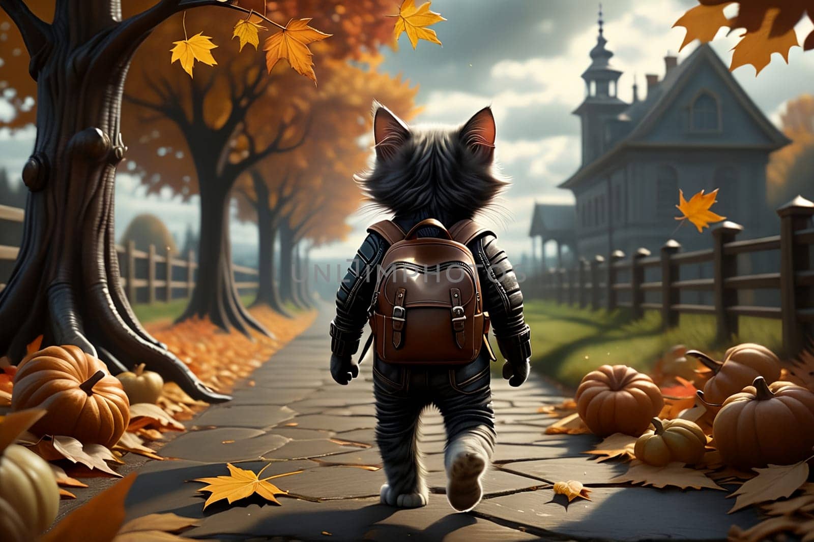 Cute cats students go to school with backpacks, autumn. AI generated image.