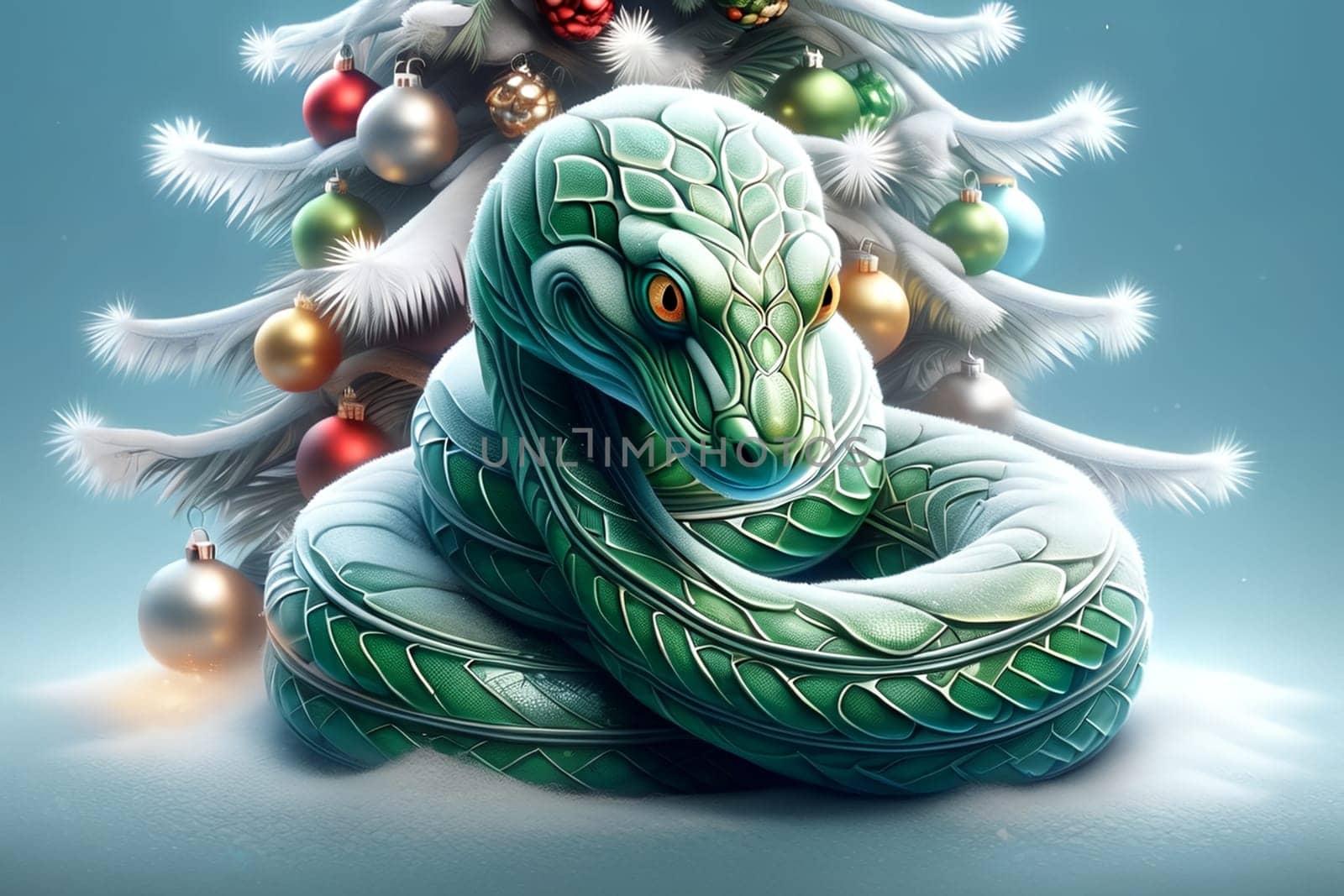 Forest green snake, Christmas tree with balls. New Year card . AI generated image.