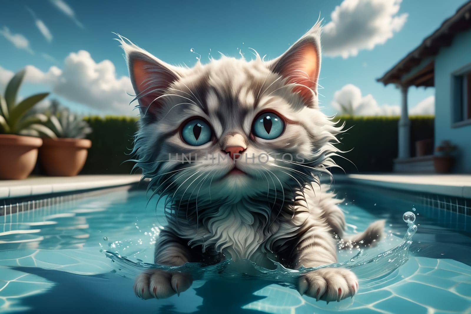Happy cat swims in the pool near the house. AI generated image.