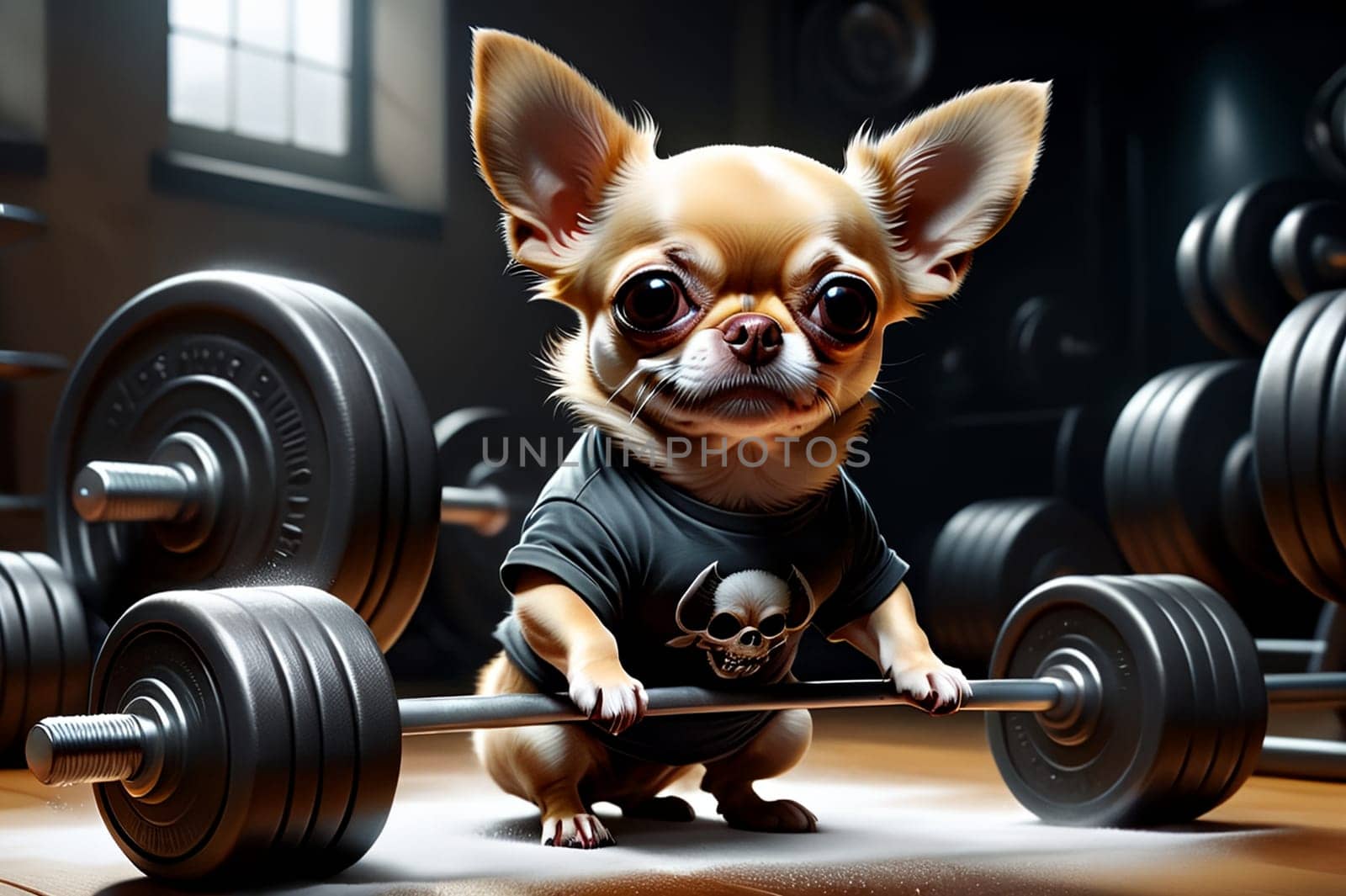 Athletic chihuahua dog doing sports in the gym .AI generated image.