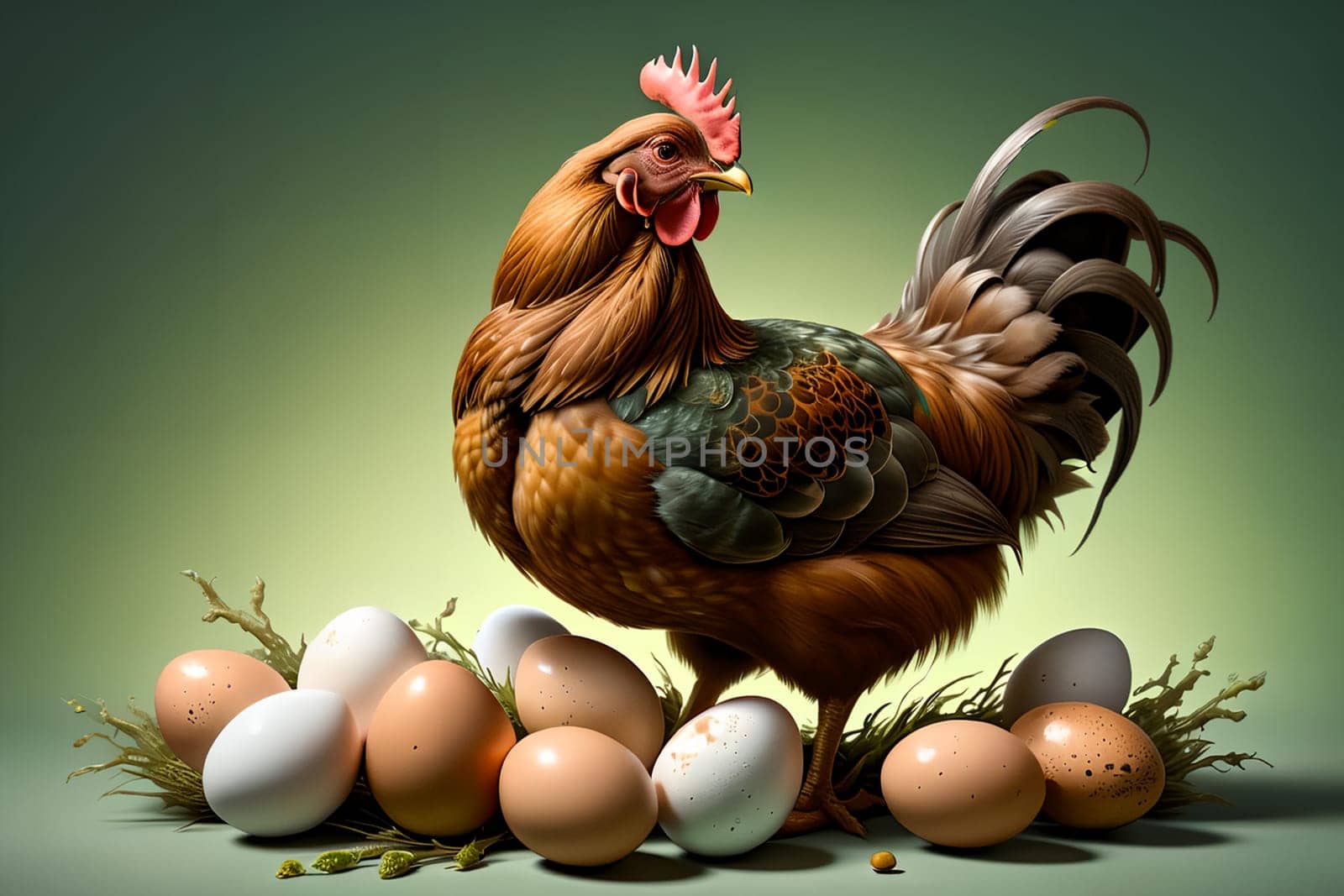Homemade chicken with eggs. AI generated image.