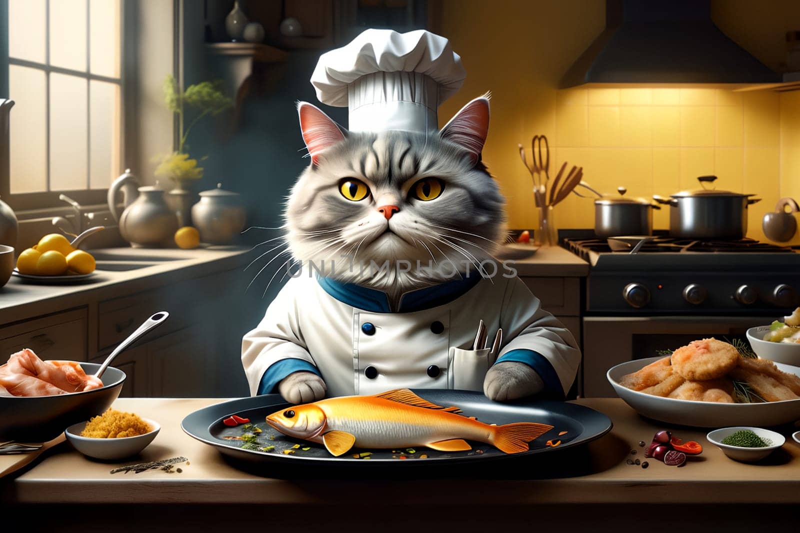 cat chef with cooked fish . AI generated image.