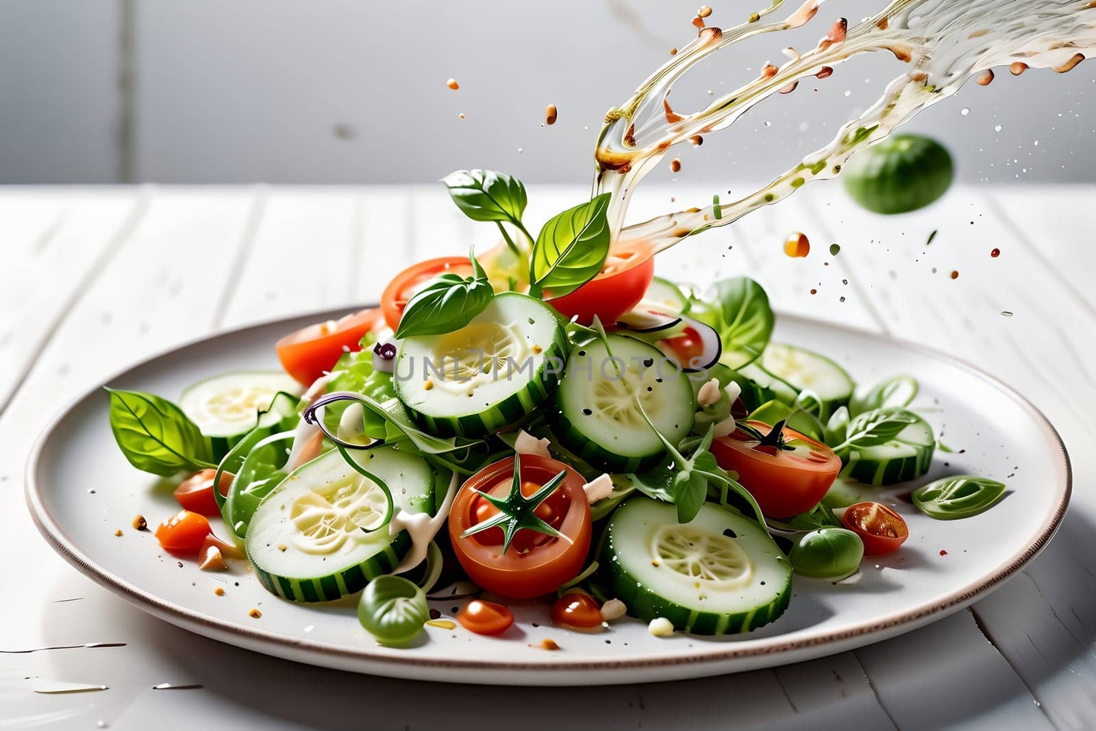 fresh salad with cucumbers and tomato pieces fly in the air above the plate. Oil splashes.