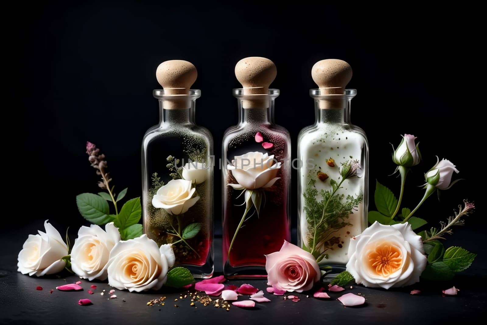 tincture of herbs and flowers in a bottle isolated on a black background