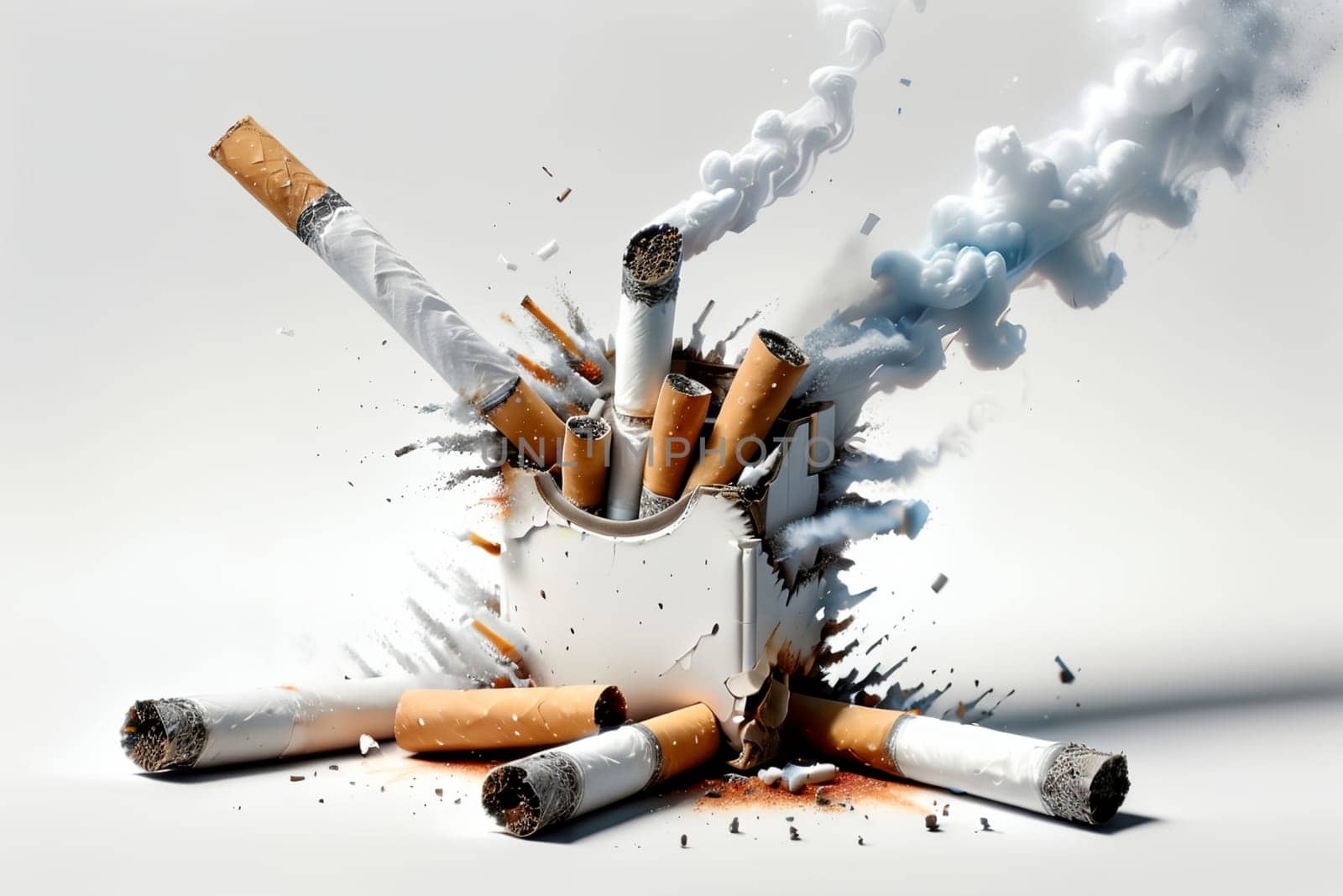 broken cigarettes, all in smoke. Smoking is harmful to health.