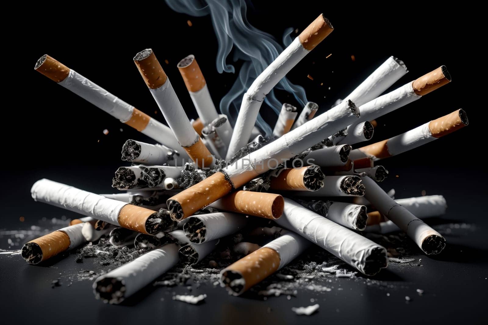 broken cigarettes, all in smoke. Smoking is harmful to health.