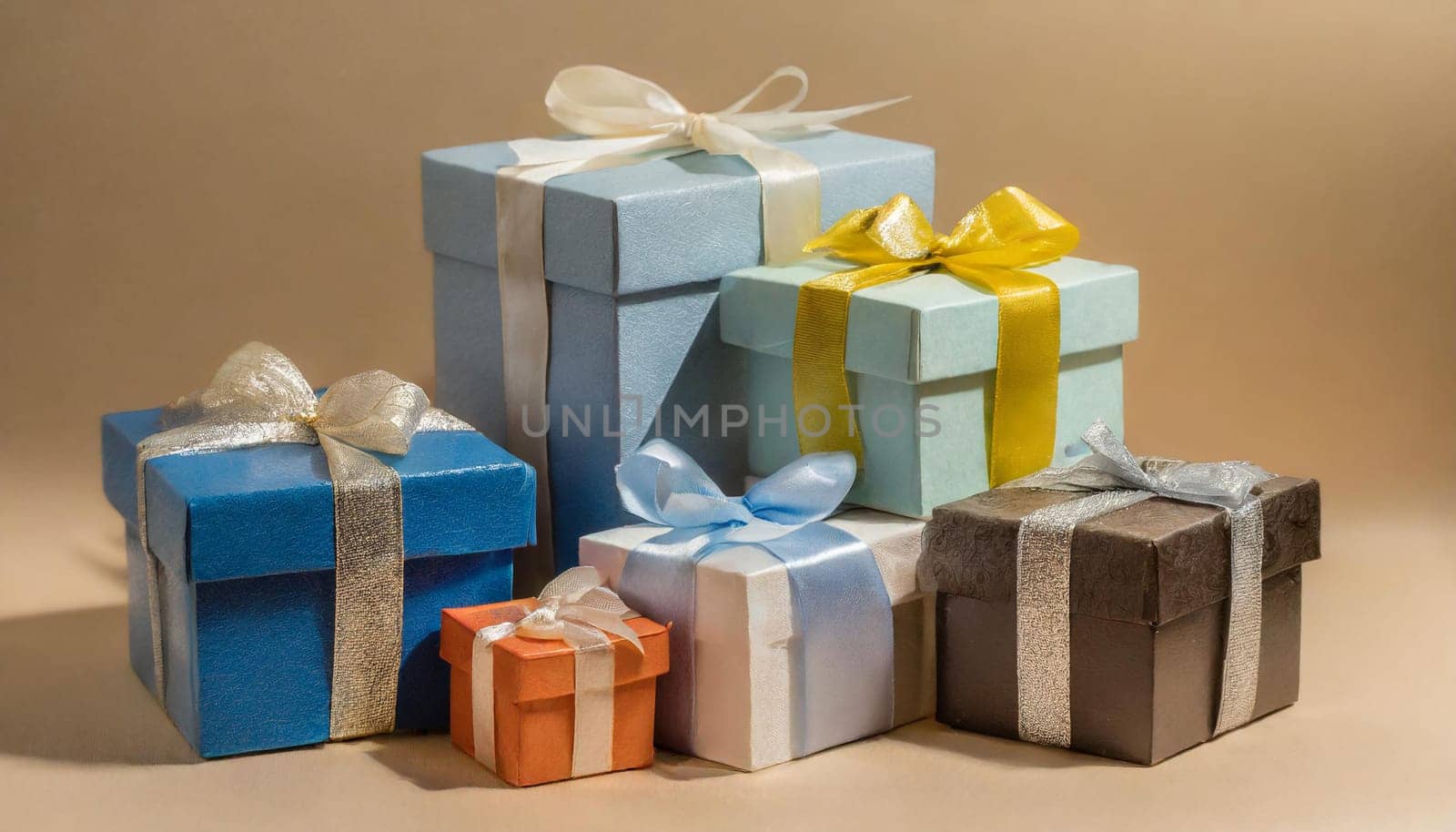 Colorful Pile of gift boxes for celebration holiday, anniversary or wedding on a gold background, backdrop template. High quality photo