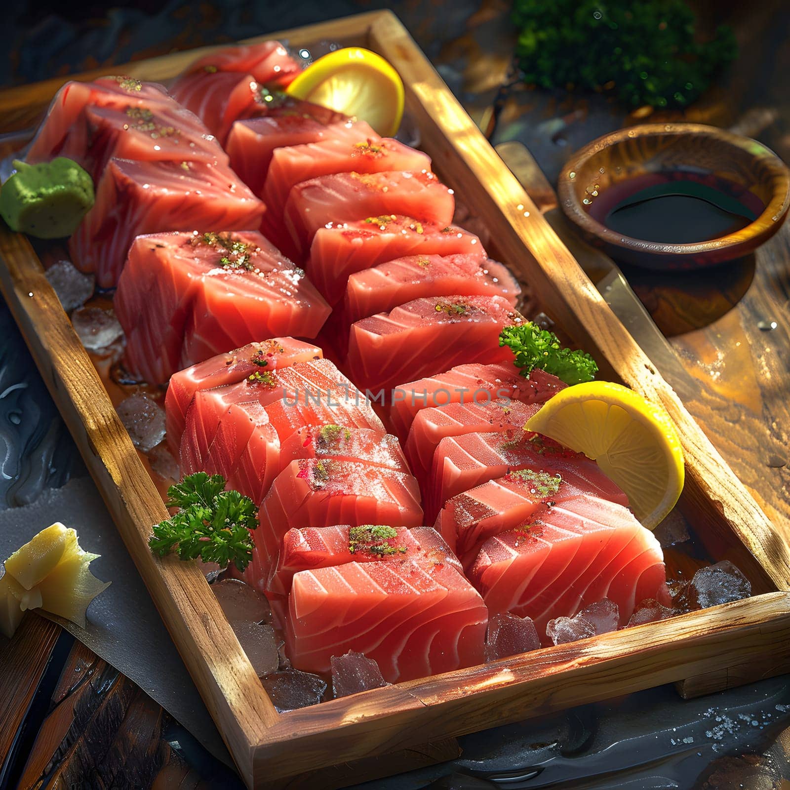 A wooden tray with slices of meat and lemon, perfect for a refreshing seafood dish. Ideal for a summer cookout with friends and family