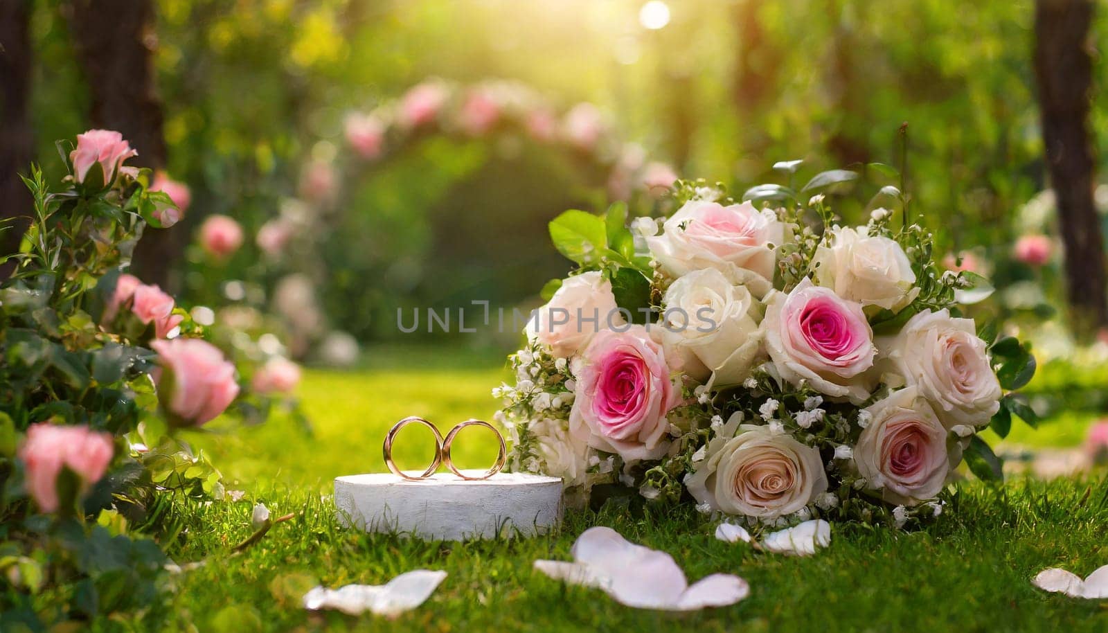 Outside wedding background, pink bouquet on the grass with rings. High quality photo