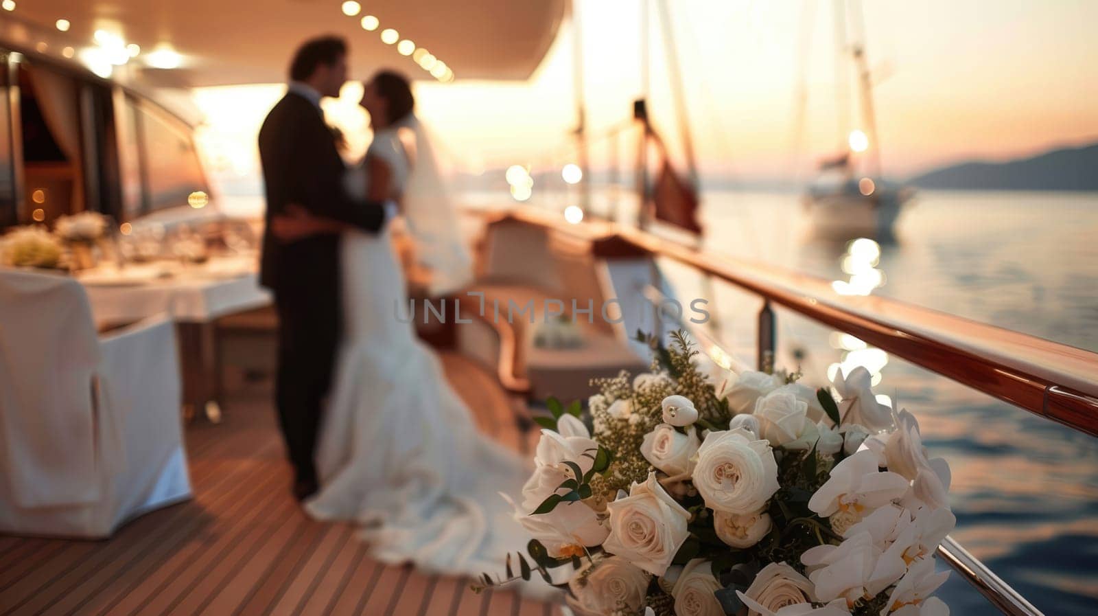 Wedding on a yacht. Wedding decor and bouquet in the foreground. Blurred background AI
