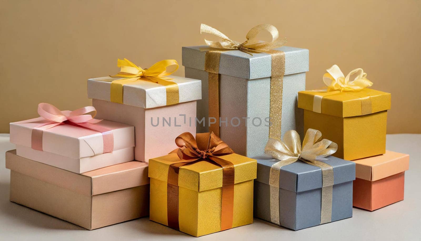 Universal Pastel gift boxes template with ribbon for different events on a soft yellow background,. High quality photo