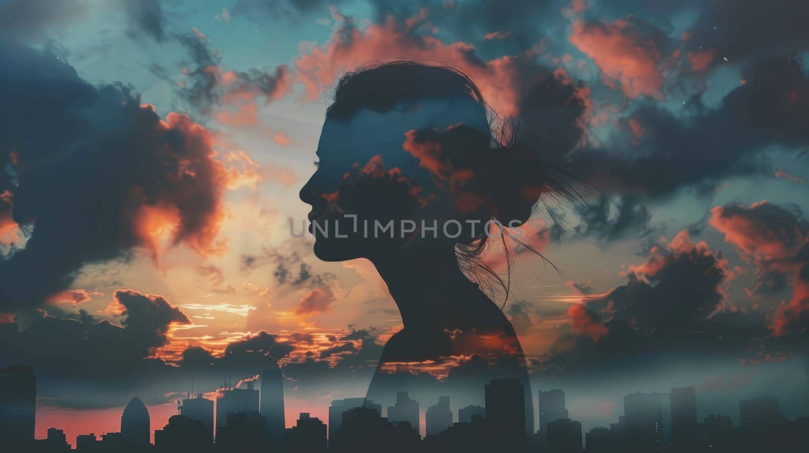 Double exposure. Woman silhouette is shown in a cityscape with a cloudy sky by natali_brill