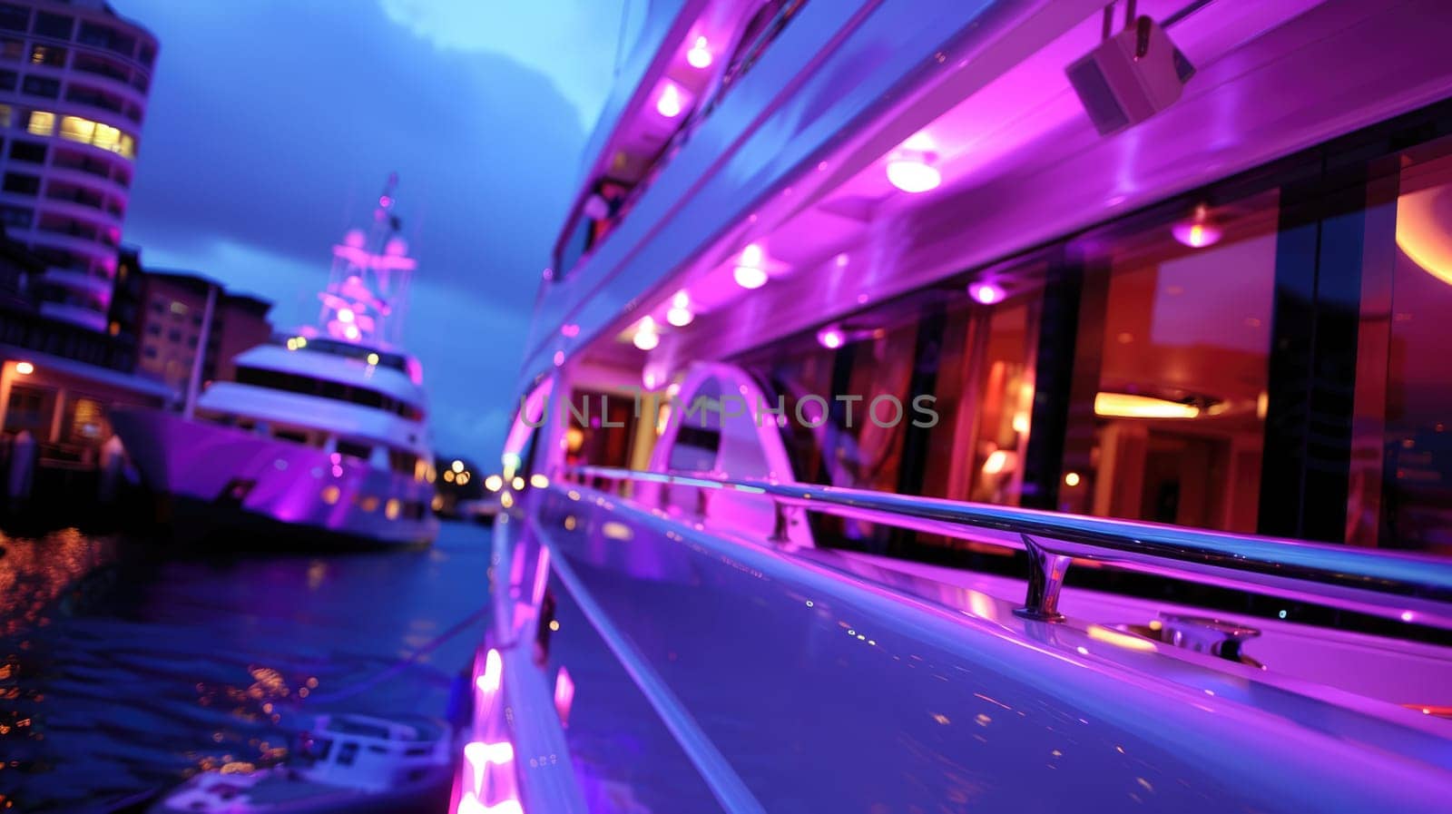 Neon lighting on a yacht for a sunset party AI