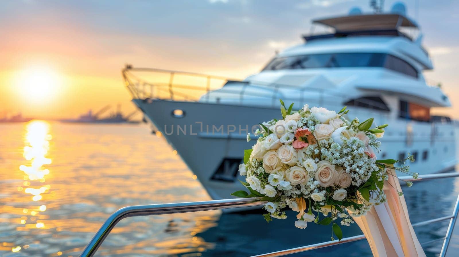Wedding on a yacht. Wedding bouquet in the foreground. Blurred background by natali_brill