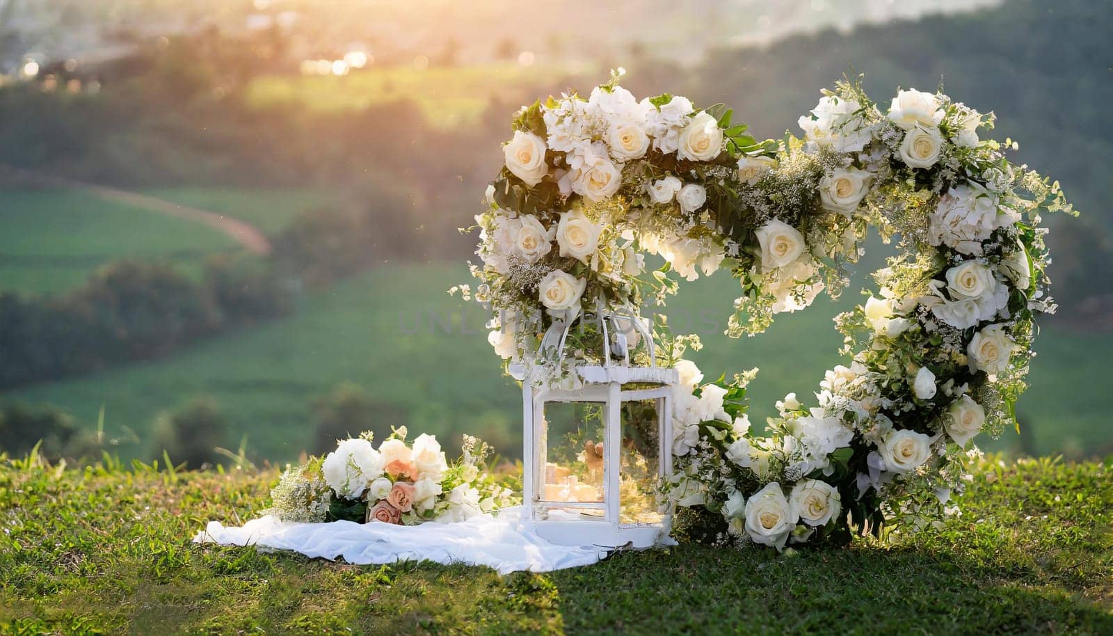 Outside wedding background, hearts decoration, a bouquet of roses. High quality photo
