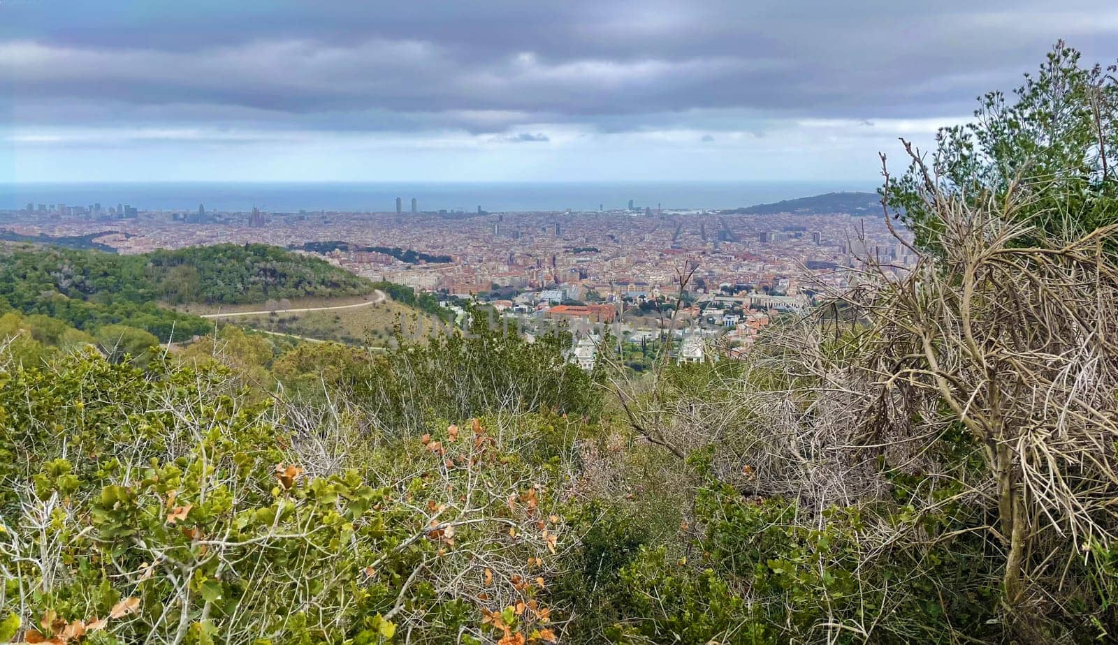 Panoramic view of Barcelona city from the hill, Montjuic side, rainy weather landscape by Iakimova