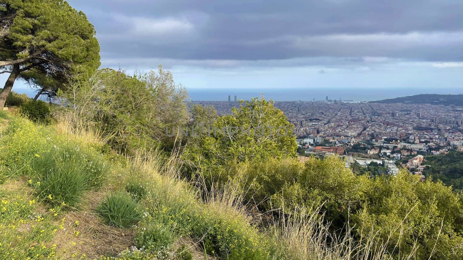 Panoramic view of Barcelona city from the hill, rainy spring weather landscape by Iakimova