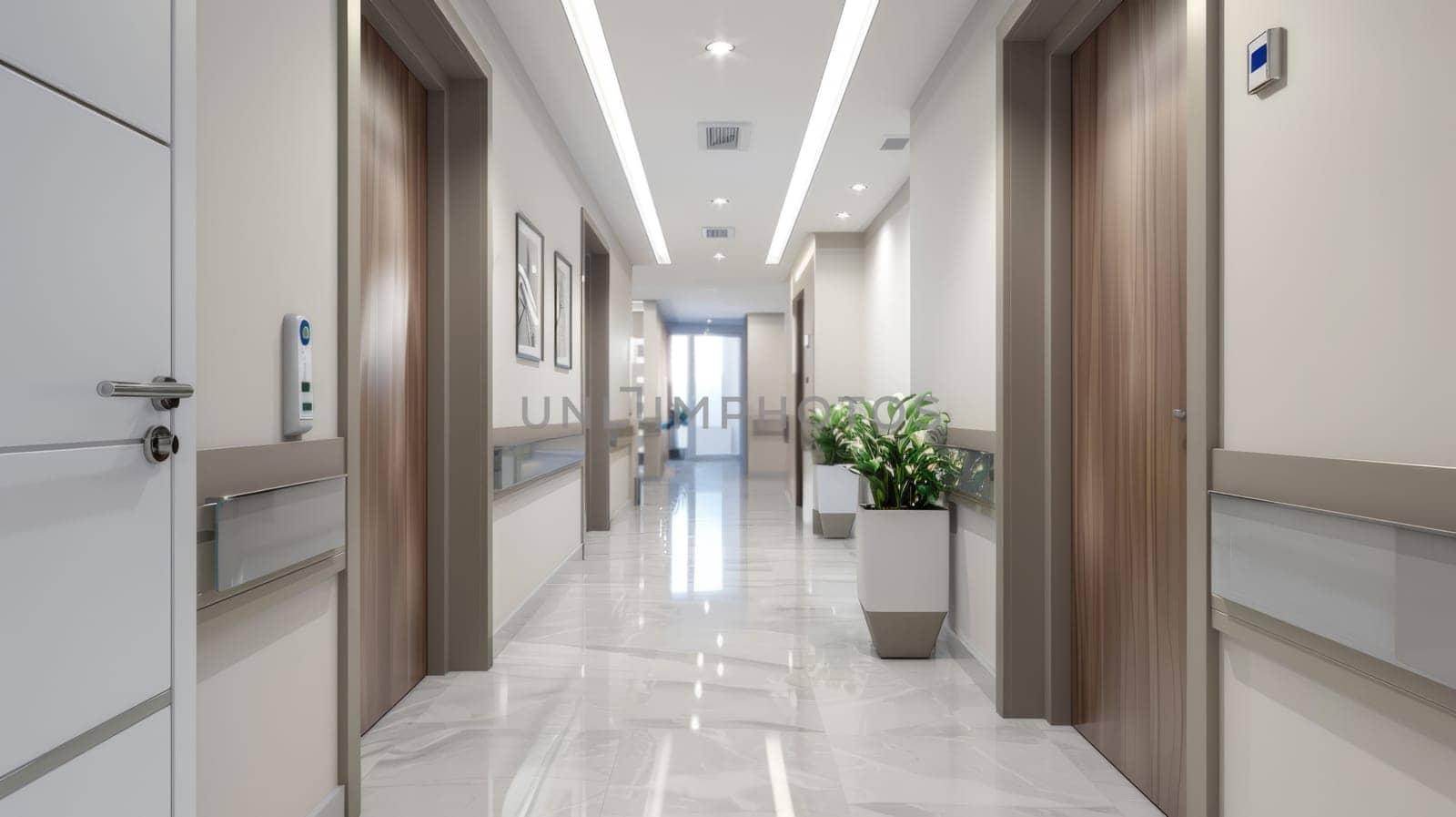 Hallway in a contemporary clinic with clean lines AI