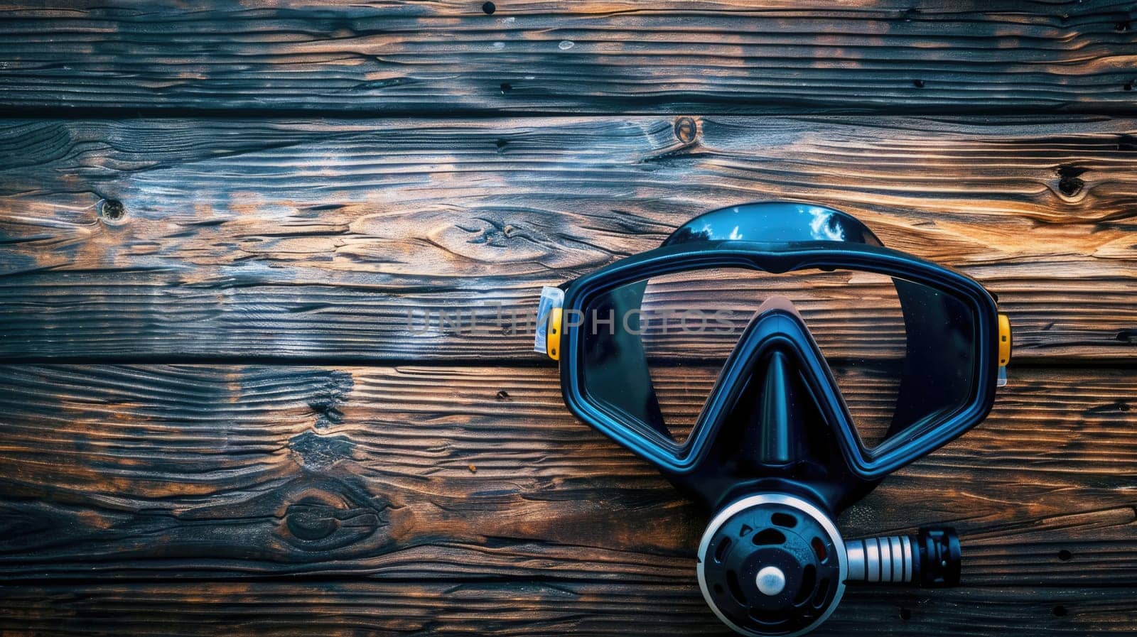 Scuba diving mask on wooden background. Scuba diving equipment by natali_brill