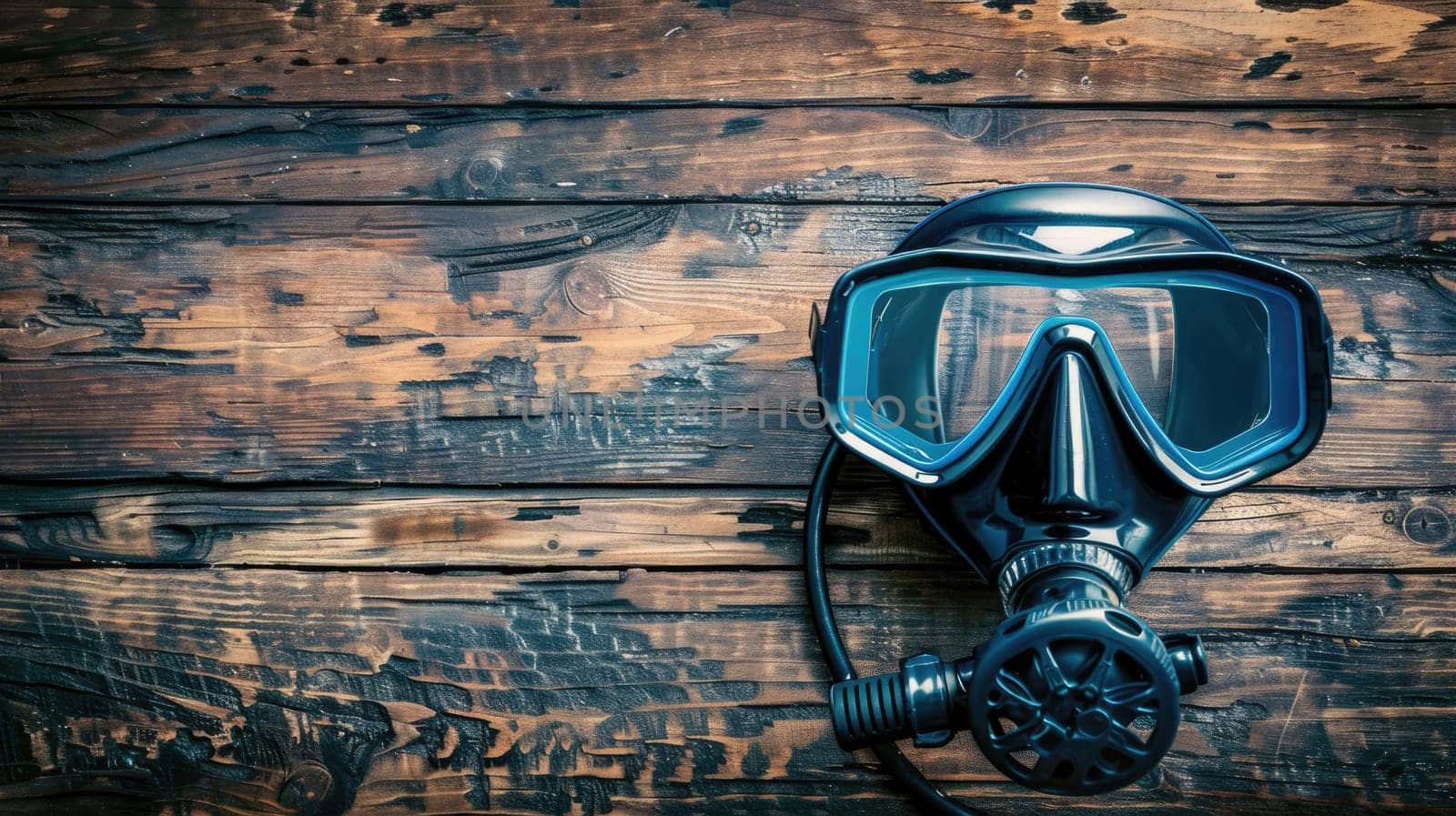 Scuba diving mask on wooden background. Scuba diving equipment AI