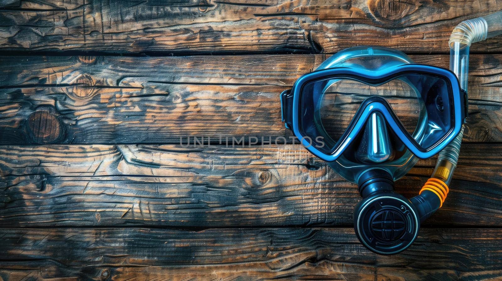 Scuba diving mask on wooden background. Scuba diving equipment by natali_brill
