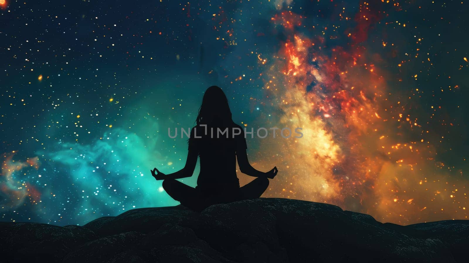 Silhouette of a woman on a background of space, the concept of esotericism and meditation AI