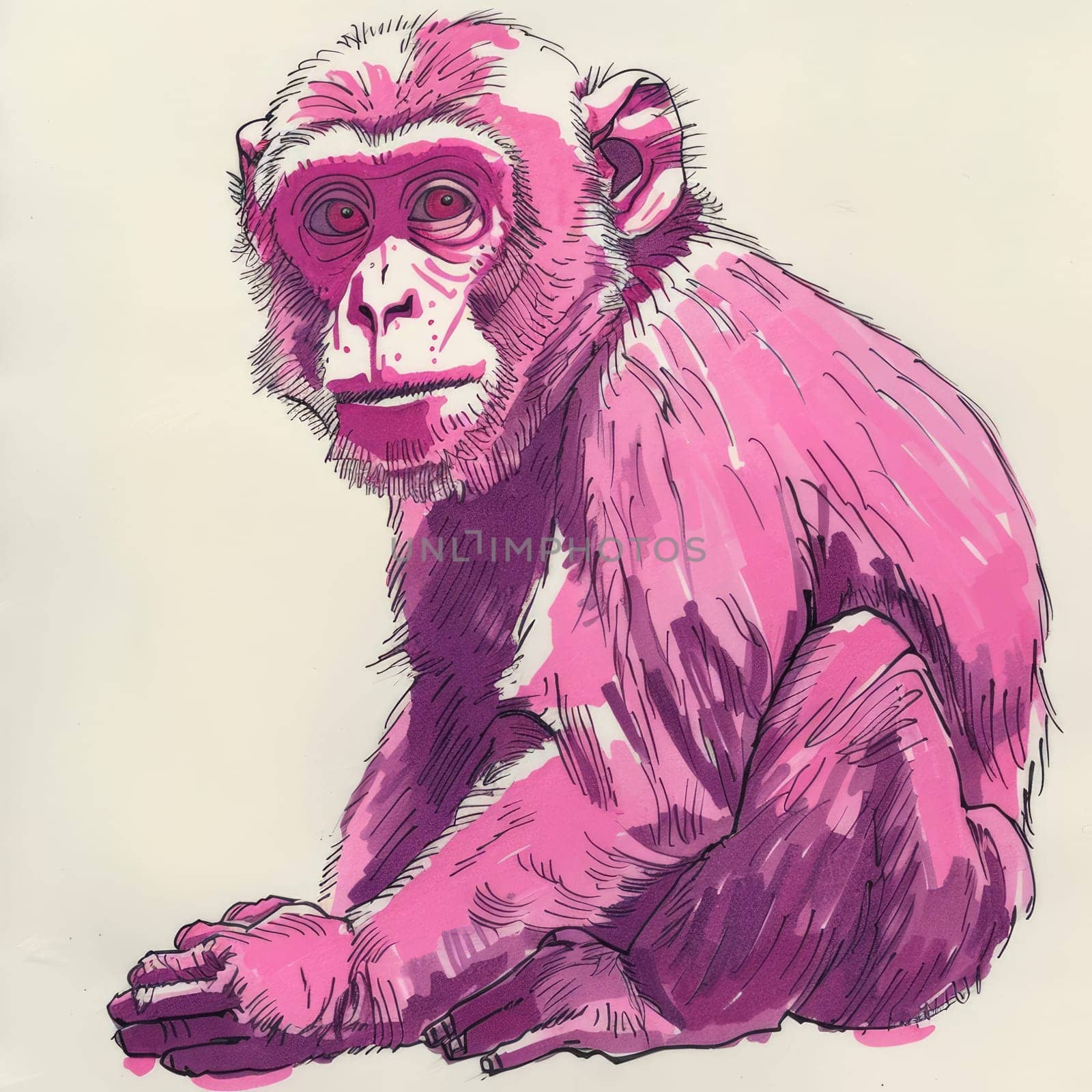 Drawing of a monkey made with a pink water marker on paper by natali_brill