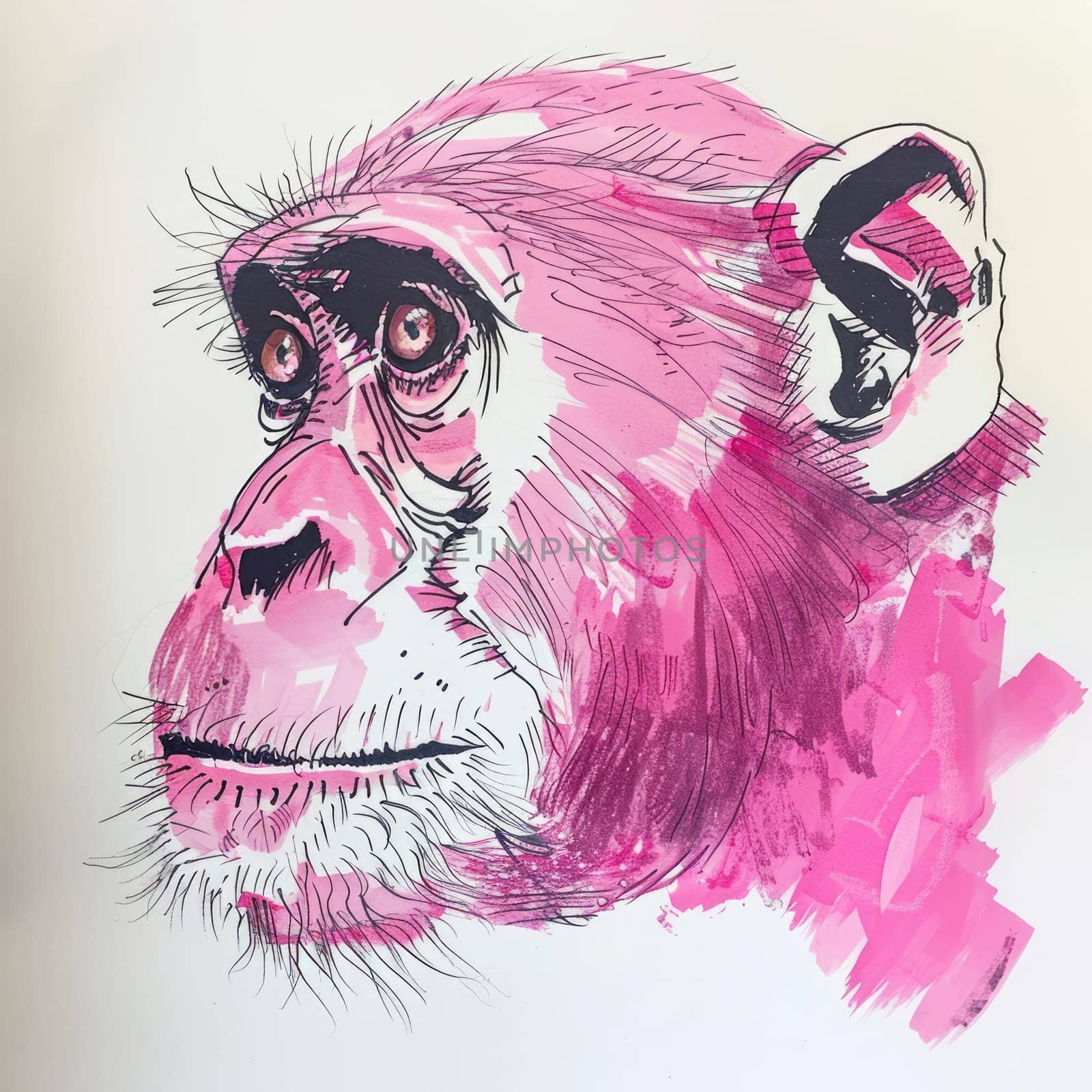 Drawing of a monkey made with a pink water marker on paper by natali_brill