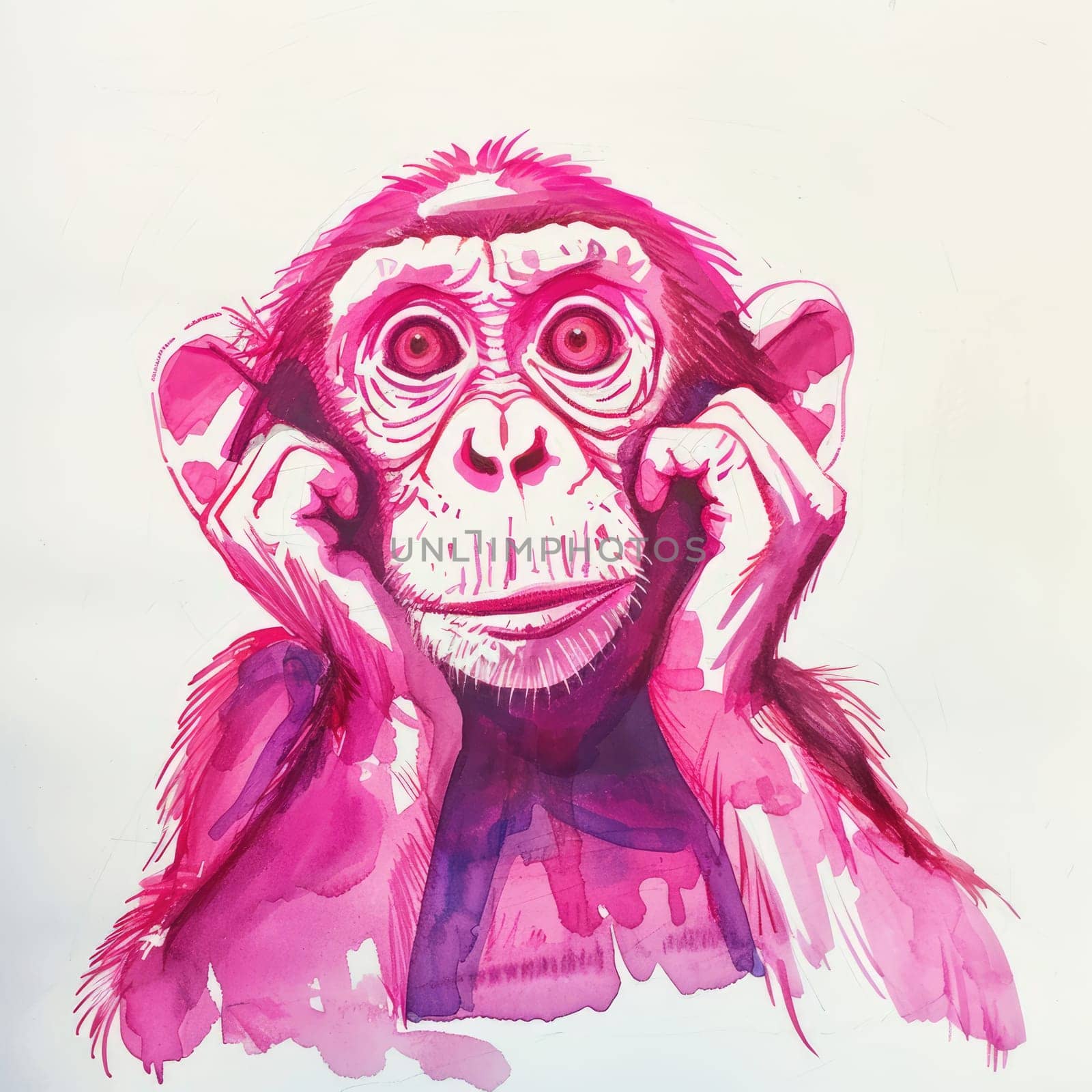 Drawing of a monkey made with a pink water marker on paper AI