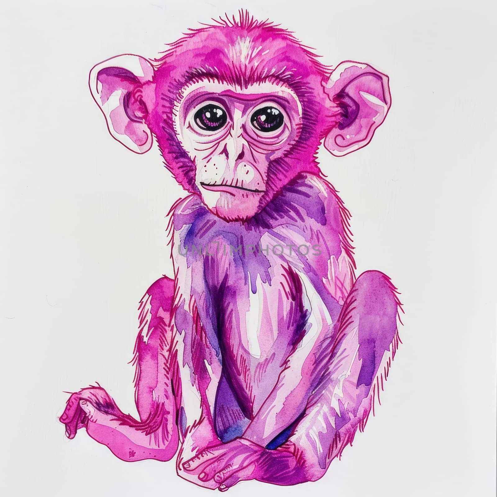 Drawing of a monkey made with a pink water marker on paper AI