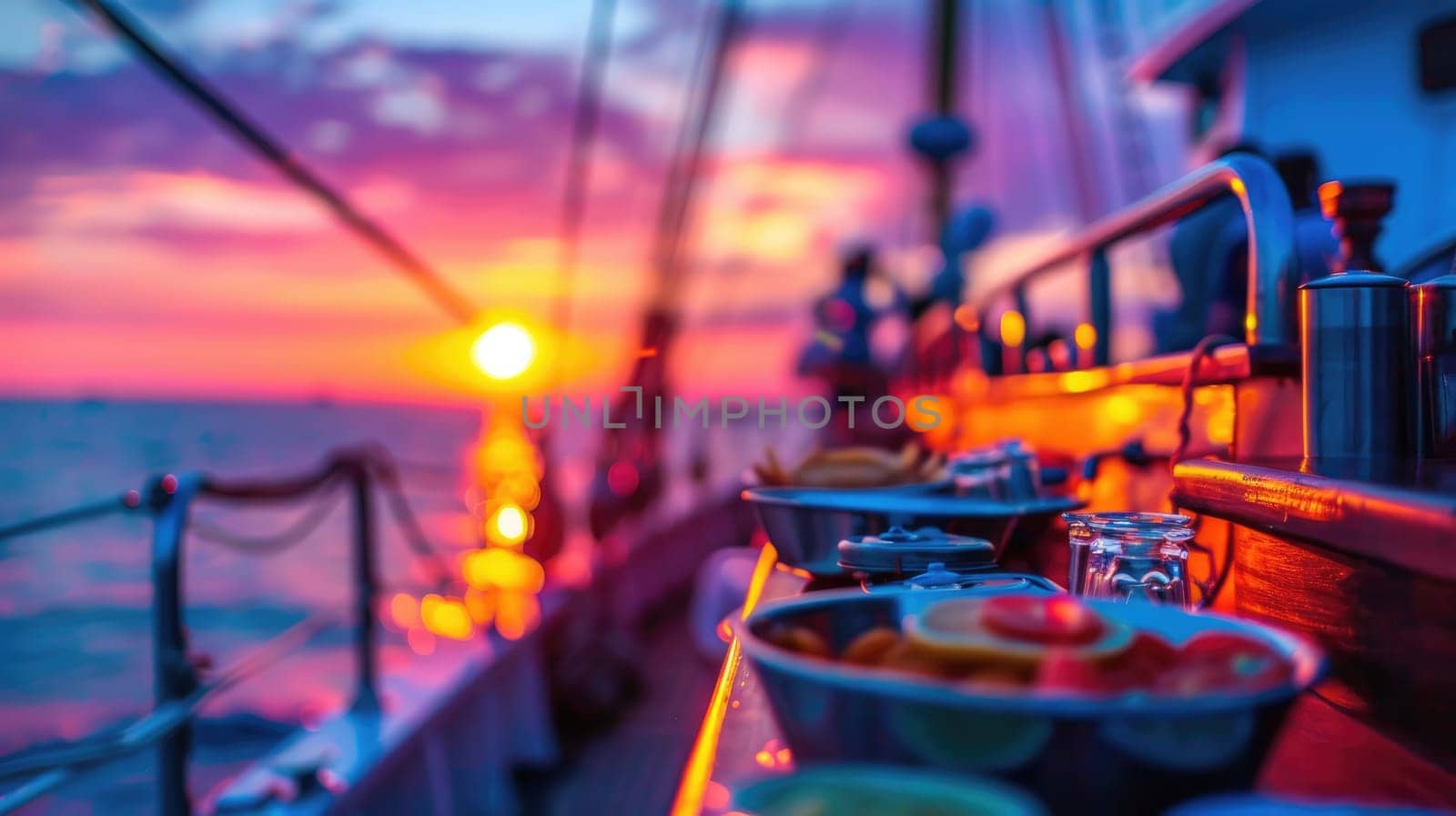 Catering for a wedding on a yacht. Blurred lighting against sunset background AI