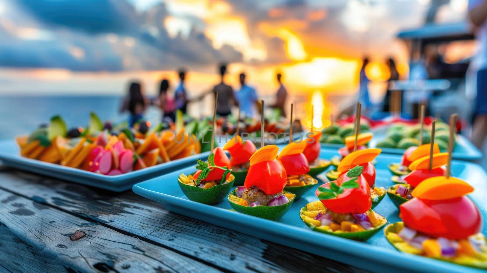 Catering for a wedding on a yacht. Blurred lighting against sunset background AI