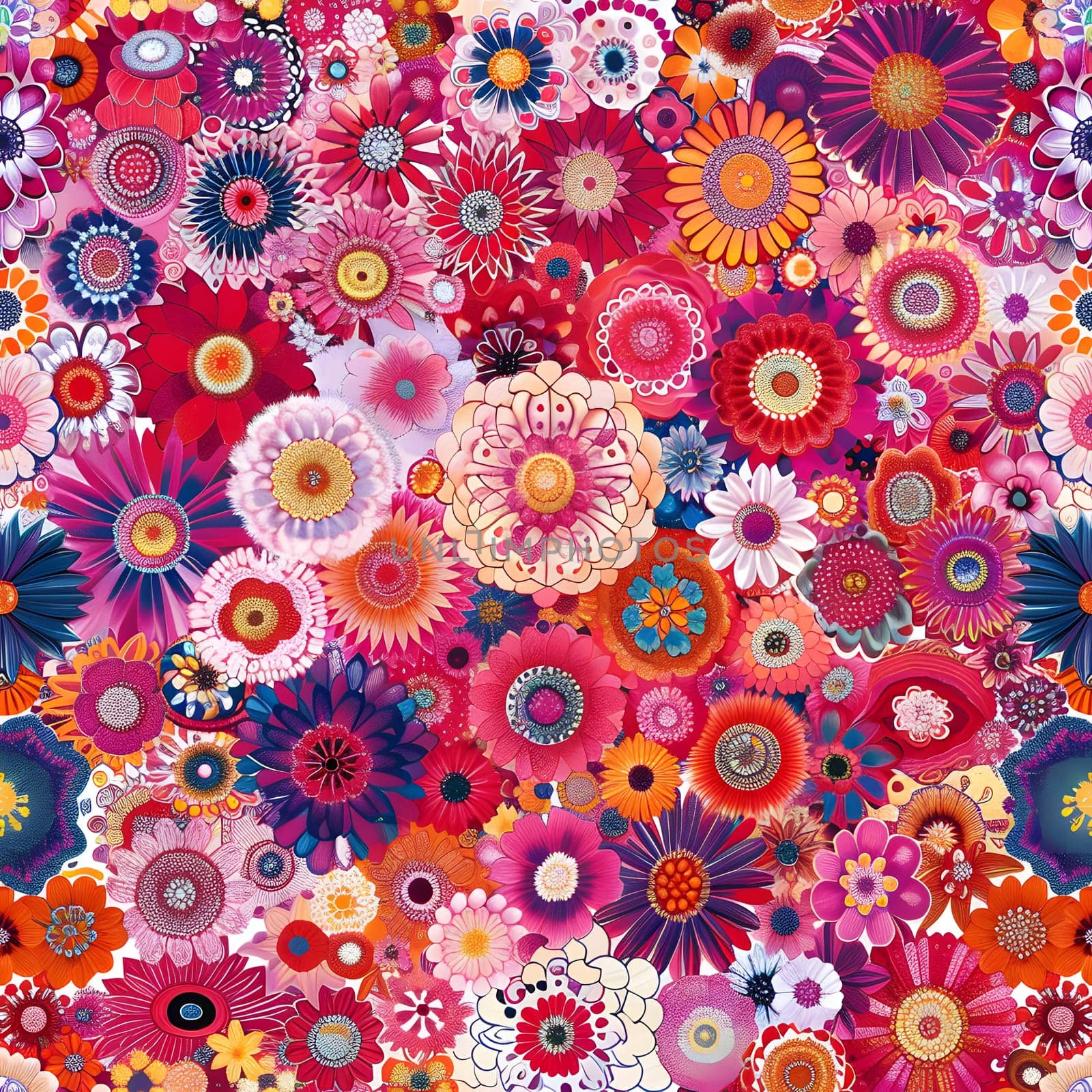 A creative arts piece with a pattern of colorful flowers, including vibrant electric blue, magenta, and pink petals, set against a clean white background