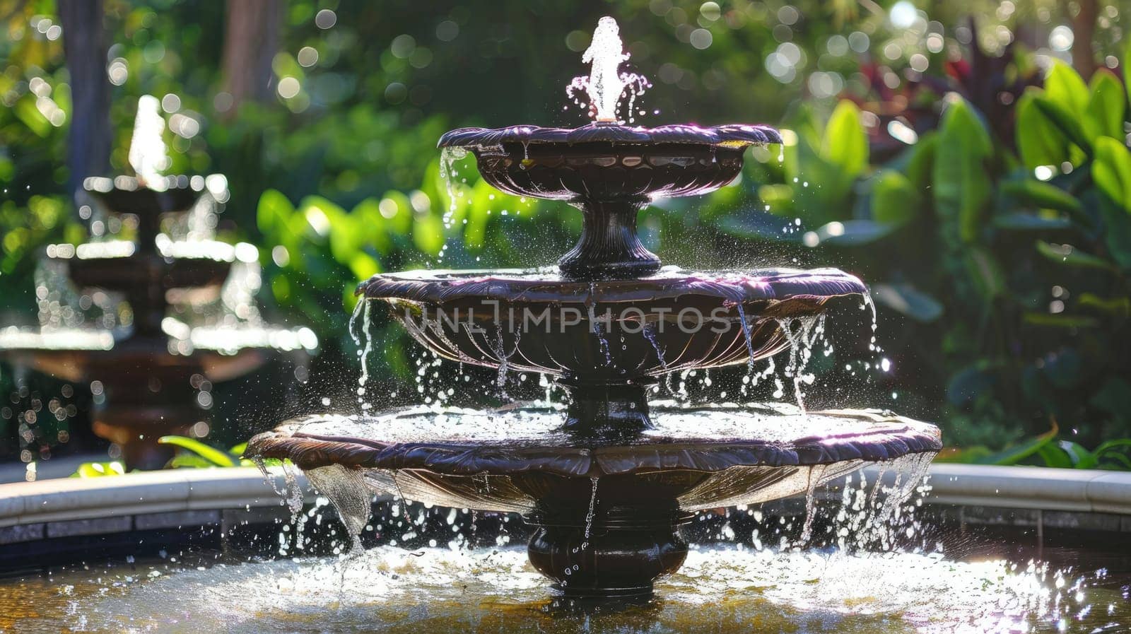 Detail of an old classic style stone fountain with flowing water. Decorative fountains and water decorations AI