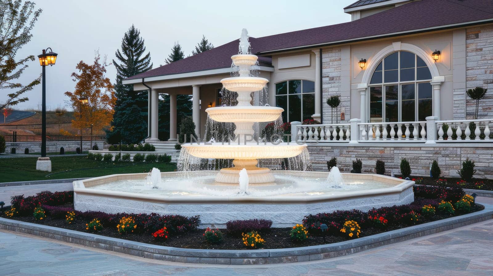 Detail of an old classic style stone fountain. Decorative fountains and water decorations AI