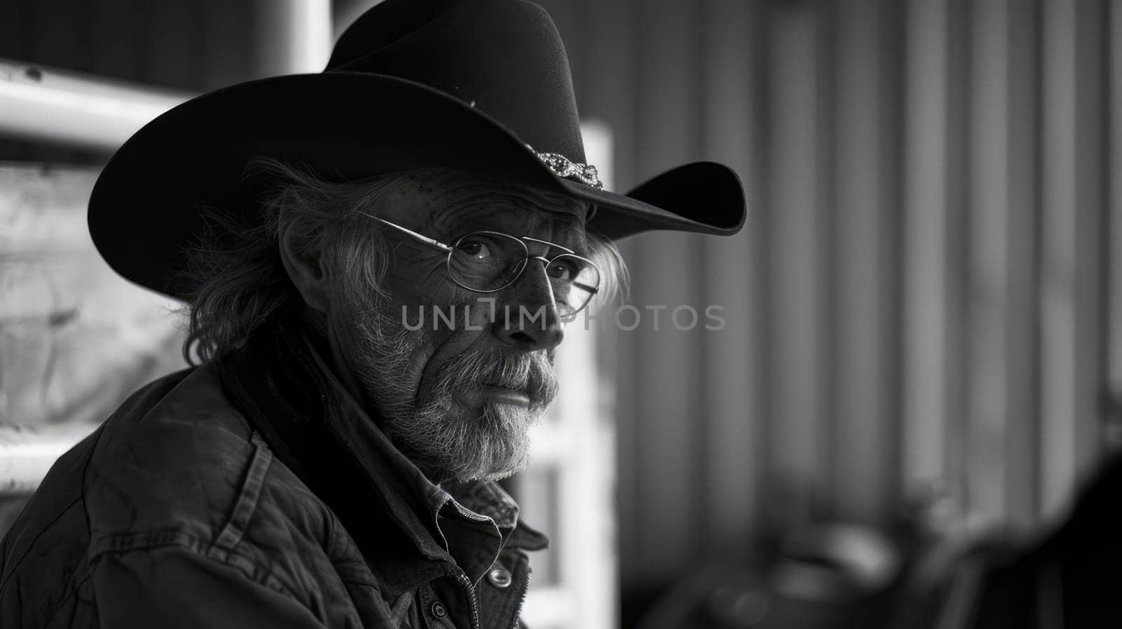 Portrait of an adult man in a cowboy hat. Horse breeder AI