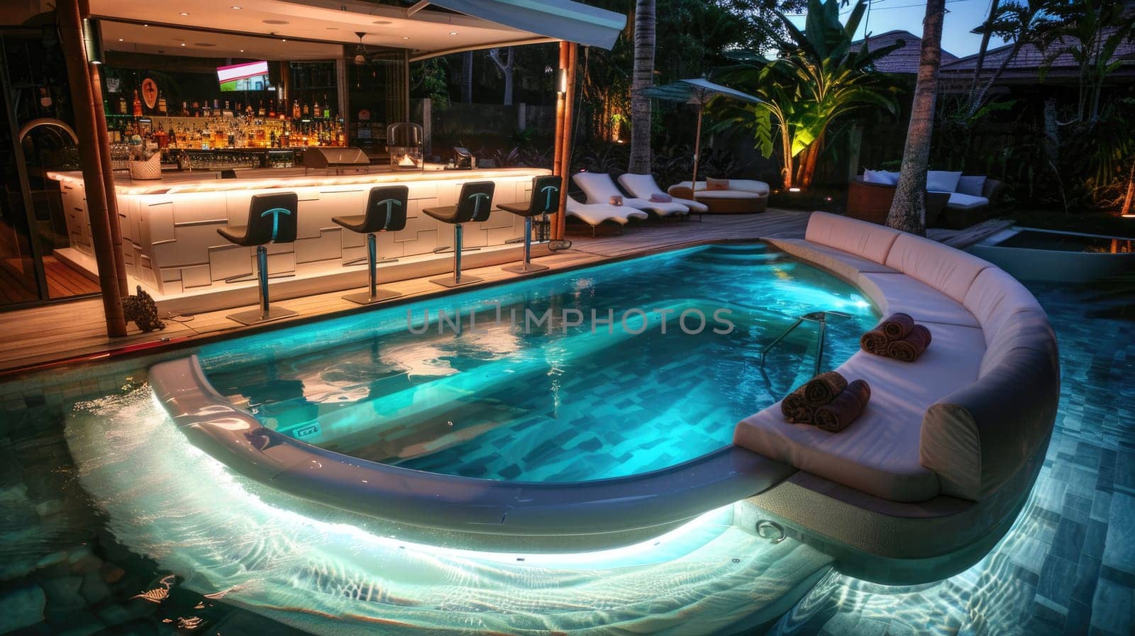 Stunning luxury backyard view of pool with bar AI