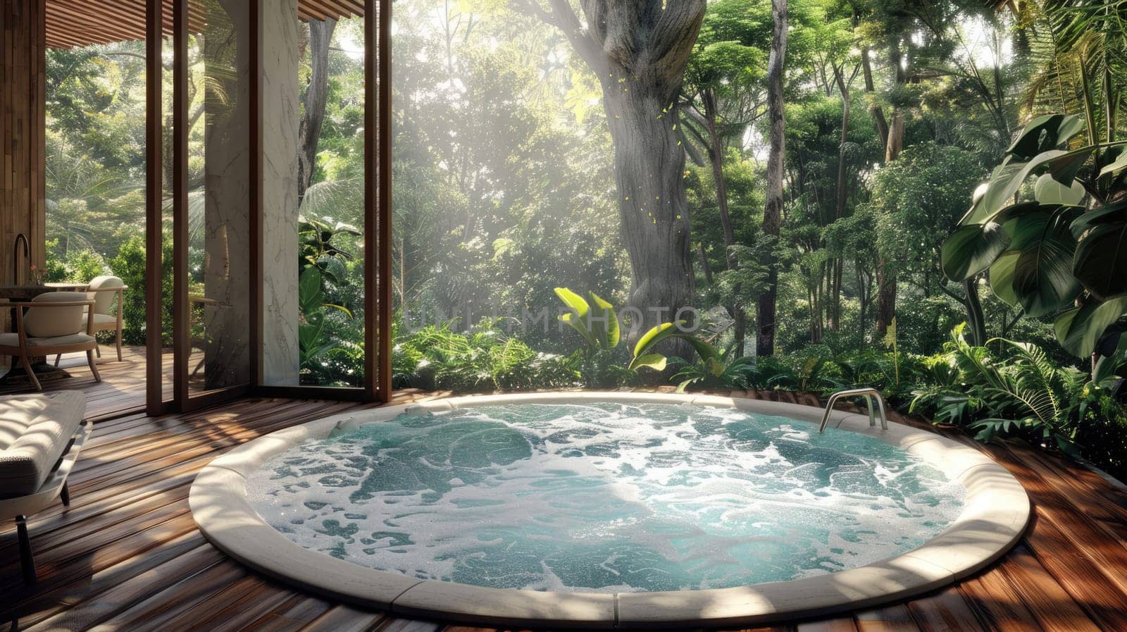 Outdoor jacuzzi pool with fresh blue water for massage and spa AI
