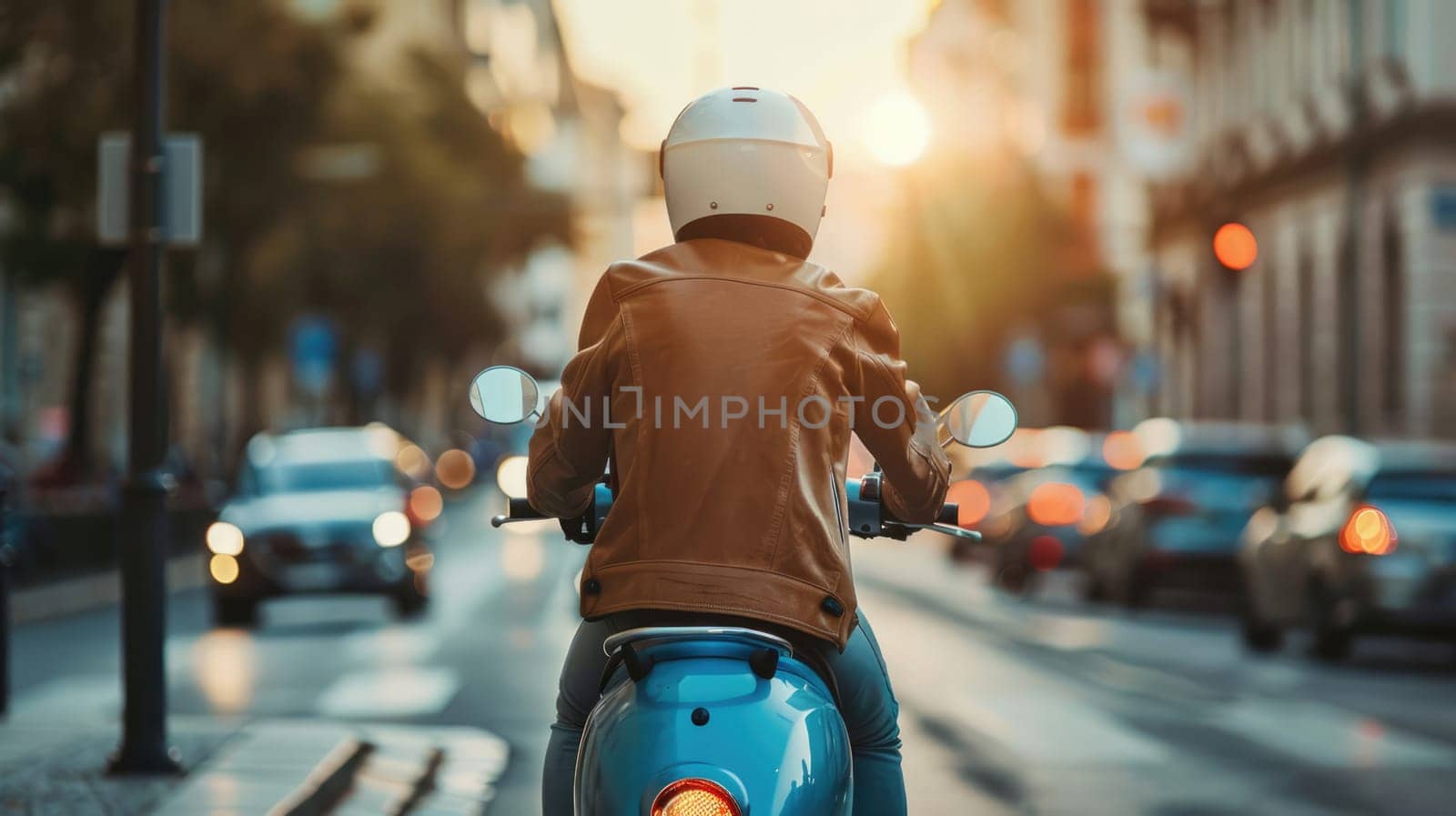 Man on a scooter wearing a helmet against the backdrop of the city. Back view by natali_brill