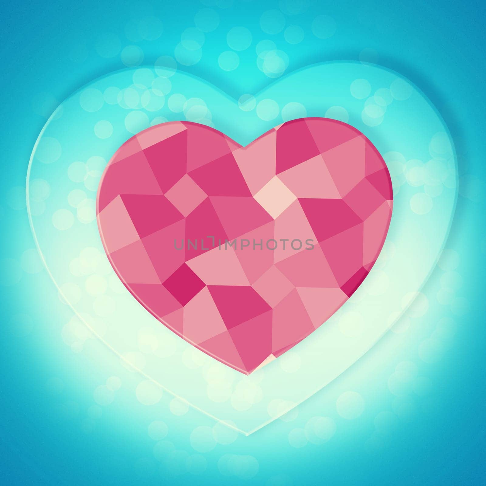Graphic, pixel and hearts for symbol of love for support, emotional connection and pink artwork. Blue background, creative or illustration wallpaper isolated in studio for care, design or romance by YuriArcurs